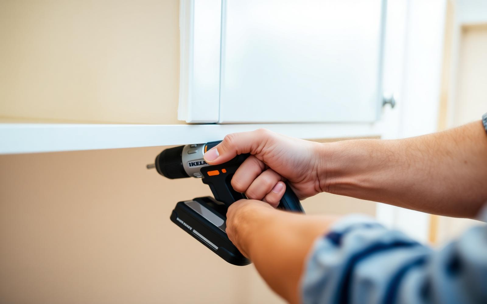 Contractor installing IKEA kitchen cabinet with precision tools